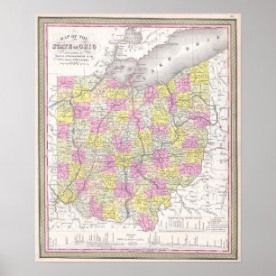 Antik karta över Ohio, 1850 Poster