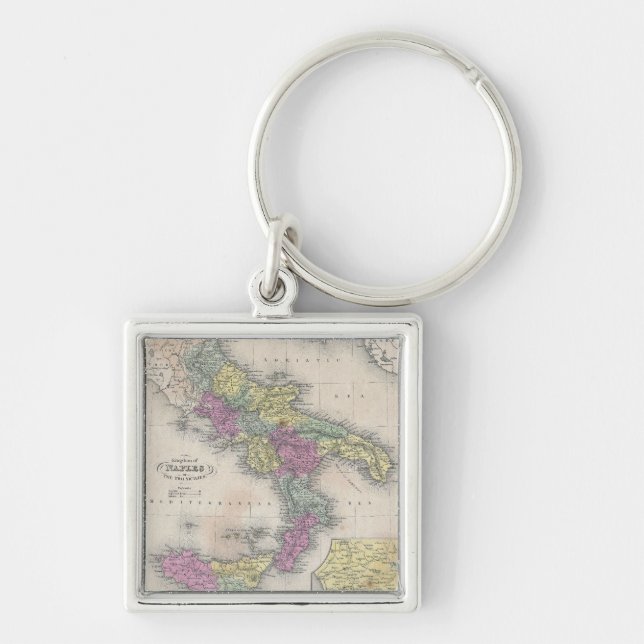 Antik karta över södra Italien (1853) Fyrkantig Silverfärgad Nyckelring (Framsidan)