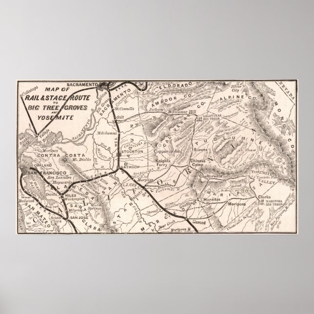 Antik karta över Yosemite 1876 Poster (Framsidan)