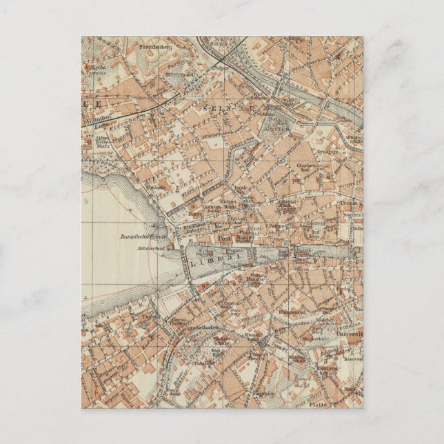 Antik karta över Zürich Schweiz (1913) Vykort (Framsida)