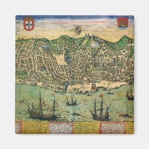 Antik karta, stadsplan av Lisbon, Portugal, 1598 Magnet