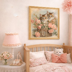 Antik Kattröstande Korg Rosa Blommig Stugdekor Poster