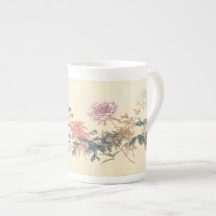 Antik kinesisk blomstermålning av Ju Lian repro Benporslin Mugg