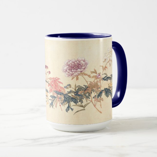 Antik kinesisk blomstermålning av Ju Lian repro Mugg (Framsida höger)