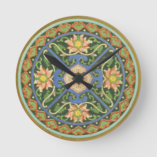 Antik kinesisk cloisonné-mönster: Jadegrön Rund Klocka (Framsida)