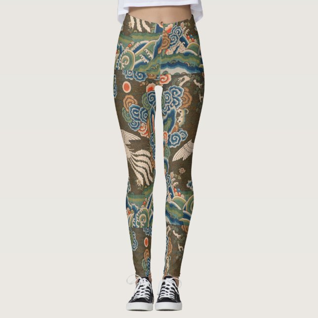 Antik kinesisk vit fågel sidenbroderi tryck leggings (Framsida)