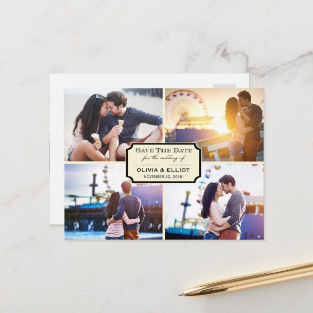 Antik Klassisk Bokplansch Fyra Foto Spara Datumet Meddelande Vykort (Fram/Back In Situ)