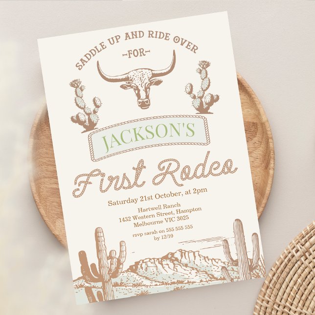 Antik Ko Gärdet Första Rodeo 1-årsdag Inbjudningar (Vintage First Rodeo 1st Birthday Invitation Boy, Longhorn Cow Western Wild West First Birthday )