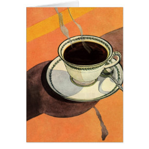 Antik kopp kaffe, fat, sked, retro diner hälsningskort