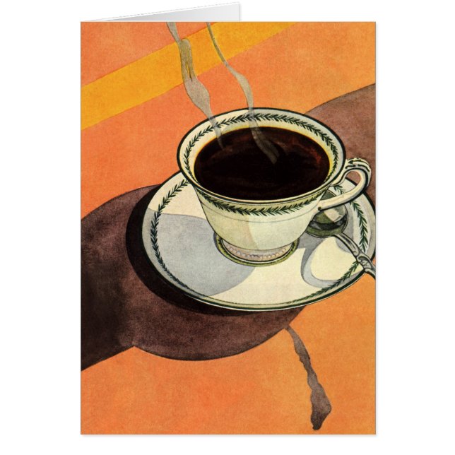 Antik kopp kaffe, fat, sked, retro diner hälsningskort (Framsidan)