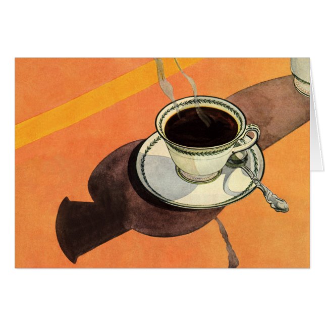 Antik kopp kaffe, fat, sked, retro restaurang hälsningskort (Framsidan Horizontal)