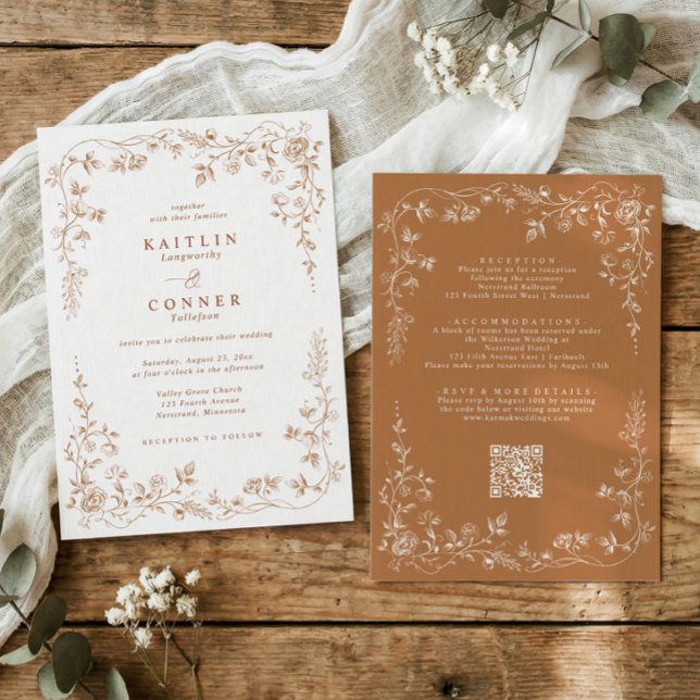 Antik Koppar Terrakotta Fransk Blommig Bröllop Inbjudningar (copper floral wedding invitation with romantic Victorian toile de jouy style frame)