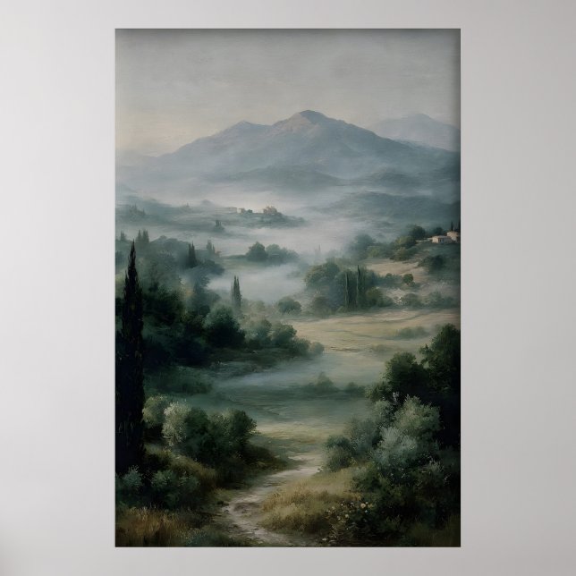 Antik landskapsutskrift, grönt bergsfält poster (Framsidan)