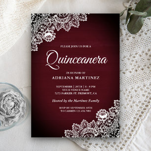 Antik Lantlig Burgunder Trä Spets Quinceanera Inbjudningar