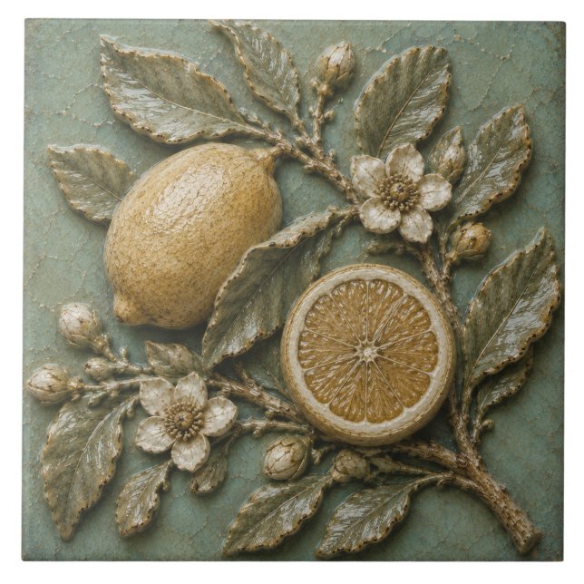 Antik Lemoongren Botanisk Falsk Relief Kakelplatta (Framsidan)