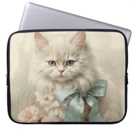 ANTIK LUDDIG VIT KATT MED BLOMMOR LAPTOP FODRAL
