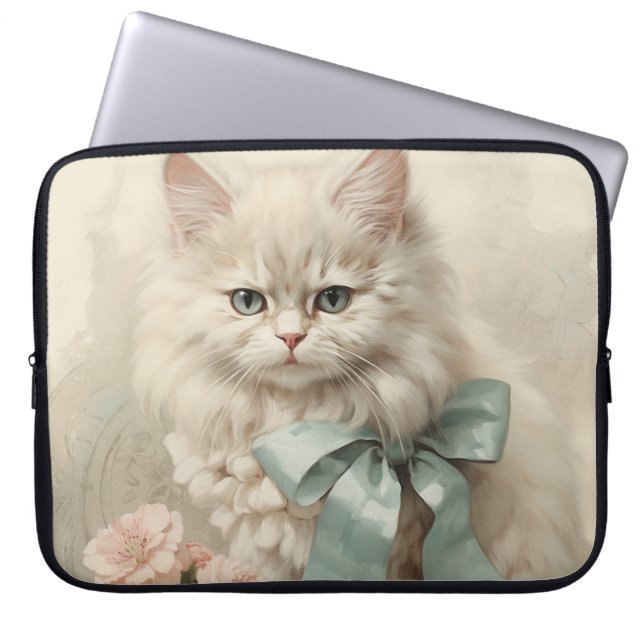 ANTIK LUDDIG VIT KATT MED BLOMMOR LAPTOP FODRAL (Framsidan)