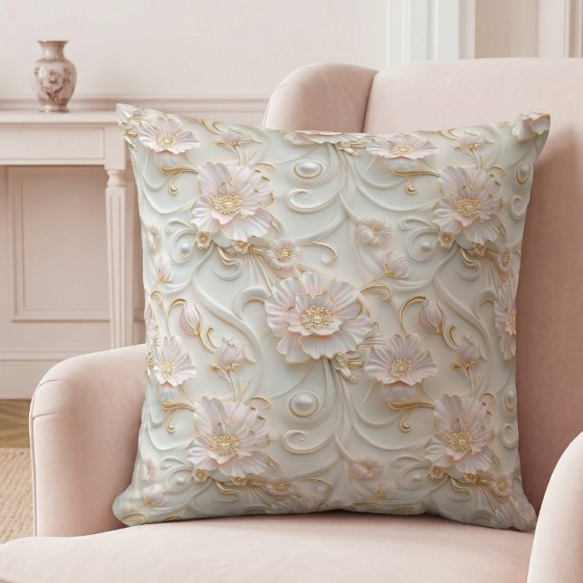 Antik Lyxig Blommig Kuddcover Kudde (elegant ornate girly glam pale blush pink ivory pearl floral throw pillow)