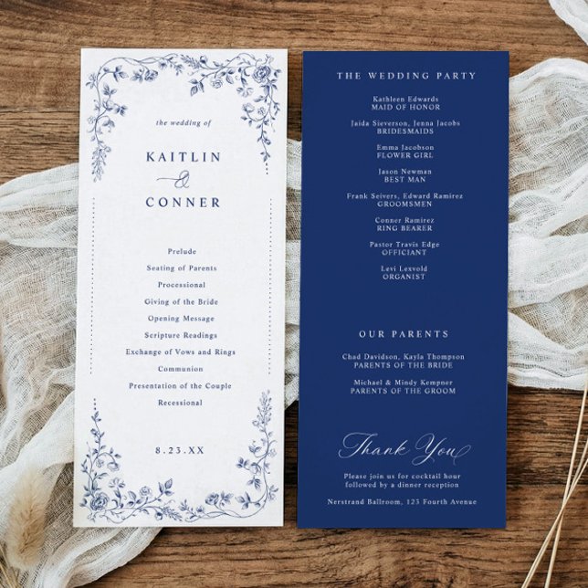 Antik marinblå viktoriansk blomsterinspirerad fran program (Navy blue wedding program with vintage French chinoiserie floral frame)