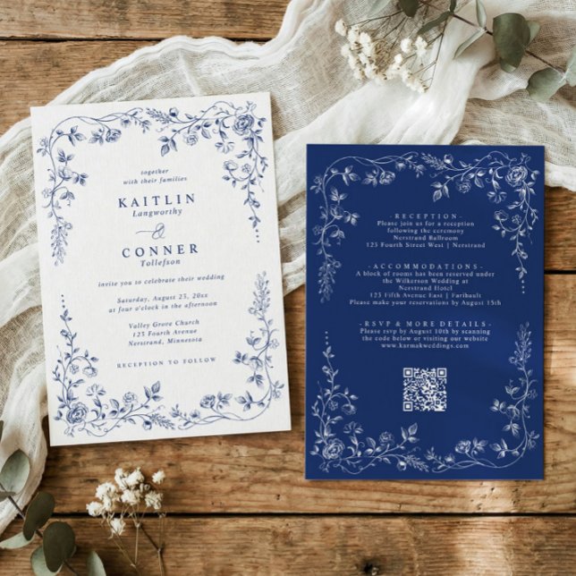 Antik marinblå viktoriansk fransk blomsterbröllop inbjudningar (navy blue floral vintage French wedding invitation with chinoiserie frame)