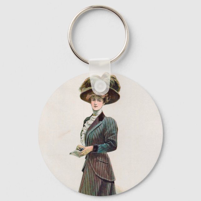 Antik modeillustration Dam som håller en bok   Nyckelring (Framsida)