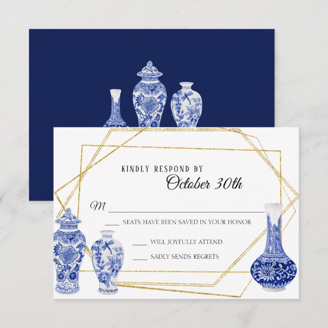 Antik Modern Marinblå Guld Vas Ginger Jar RSVP Inbjudningar (Fram/baksida)
