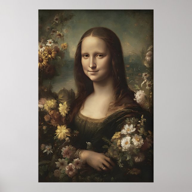 Antik Mona Lisa Porträtttryck, Blomm Dekor (Framsidan)