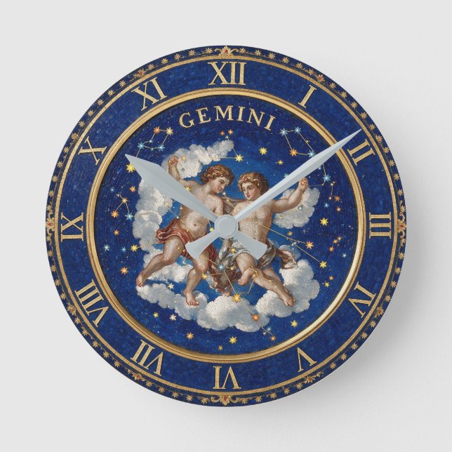 Antik mosaik Zodiak Tvillingarna Rund Klocka (Framsida)