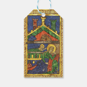 ANTIK NATIVITY JUL PARCHMENT,Blå ädelsten Presentetikett