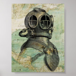 Antik nautisk karta- & dykhjälmaffisch poster