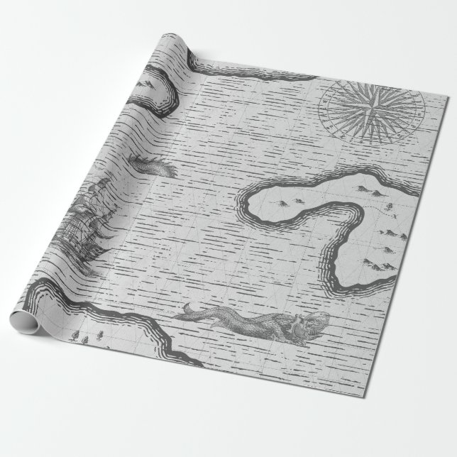 Antik nautisk karta presentpapper (Utrullad)