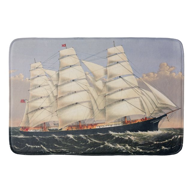 Antik nautisk segelfartyg Currier & Ives Badrumsmatta (Framsidan)