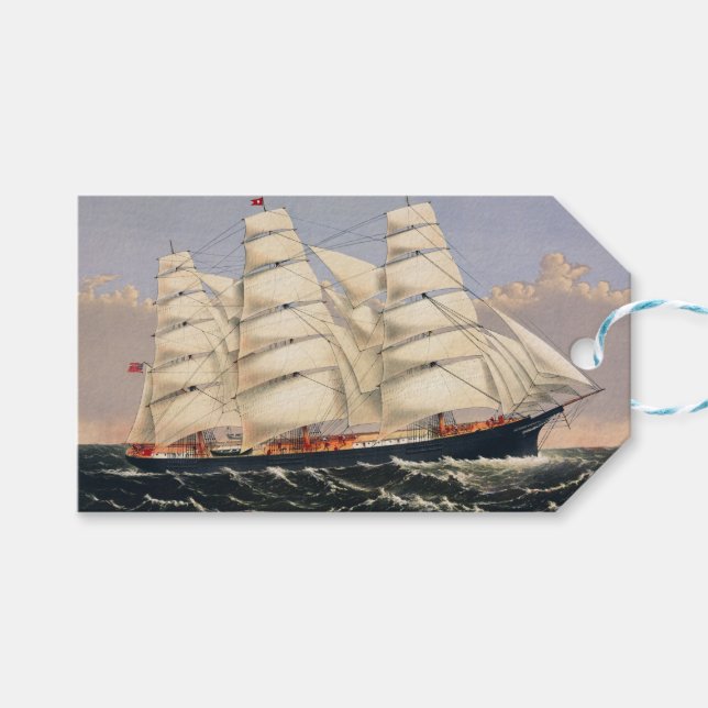 Antik nautisk segelfartyg Currier & Ives Presentetikett (Framsidan (Horisontell))
