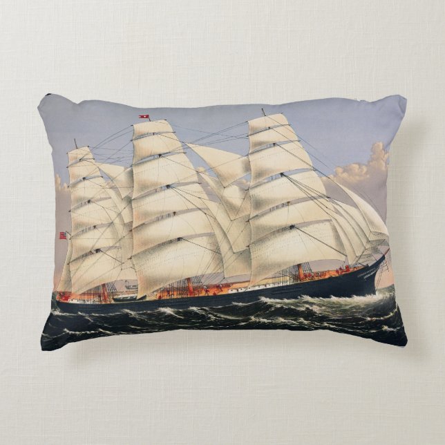 Antik nautisk segelfartyg Currier & Ives Prydnadskudde (Framsidan)