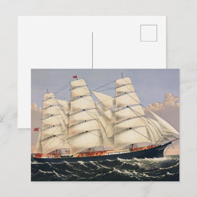 Antik nautisk segelfartyg Currier & Ives Vykort (Fram/baksida)
