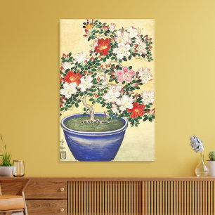 Antik Ohara Koson Azalea i blå kruka Konst Canvastryck