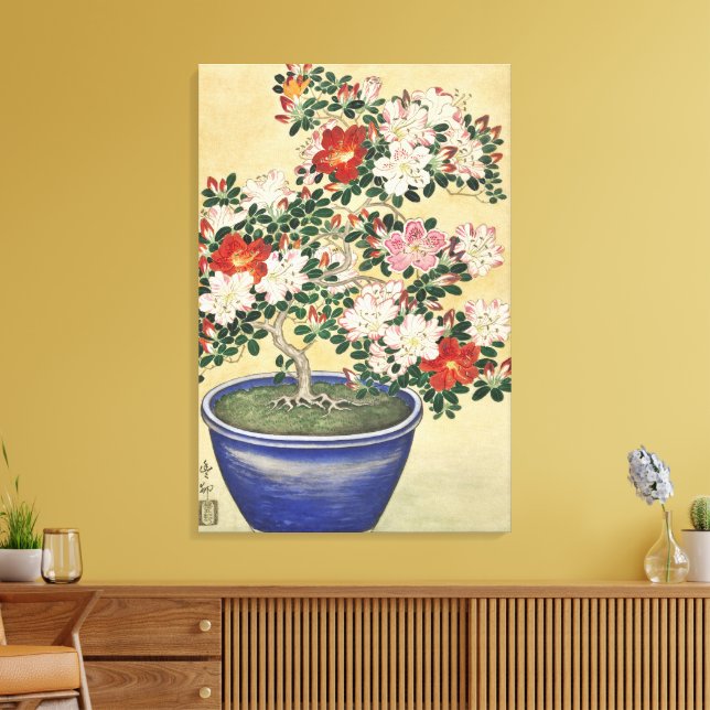 Antik Ohara Koson Azalea i blå kruka Konst Canvastryck (Insitu (Vardagsrum))