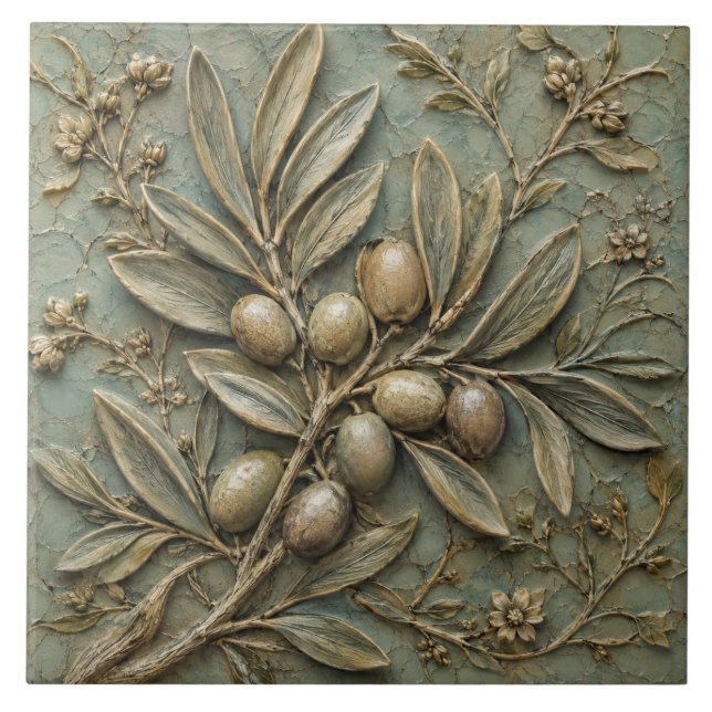 Antik Olivkvist Botanisk Falsk Relief Kakelplatta (Framsidan)