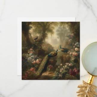 Antik oljemålning Påfågel engelsk trädgård Tack Kort