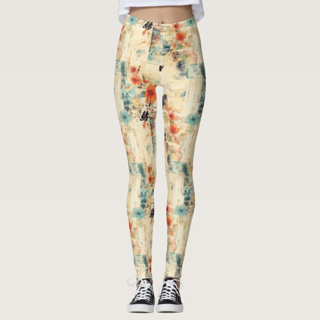 Antik orange blå blomsterlig förfallen efemär leggings (Framsida)