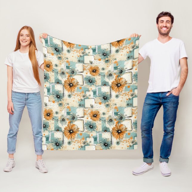 Antik Orange Blå Botanisk Blommig Kräm Fleecefilt (På plats)