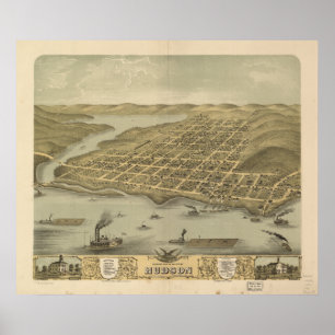 Antik panorama- karta för Hudson WI 1870 Poster