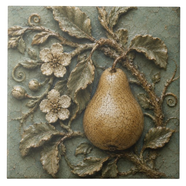 Antik Päronkvist Botanisk Falsk Relief Kakelplatta (Framsidan)