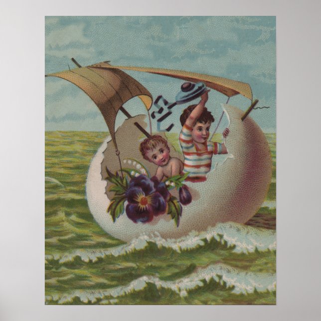Antik påskkort Seglande ägg barn Poster (Framsidan)