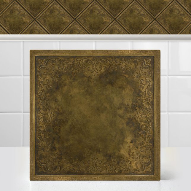 Antik patinerad mässing graverad Damaskus-mönster Kakelplatta (Antique Patinated Brass Engraved Damask Pattern Ceramic Tile)