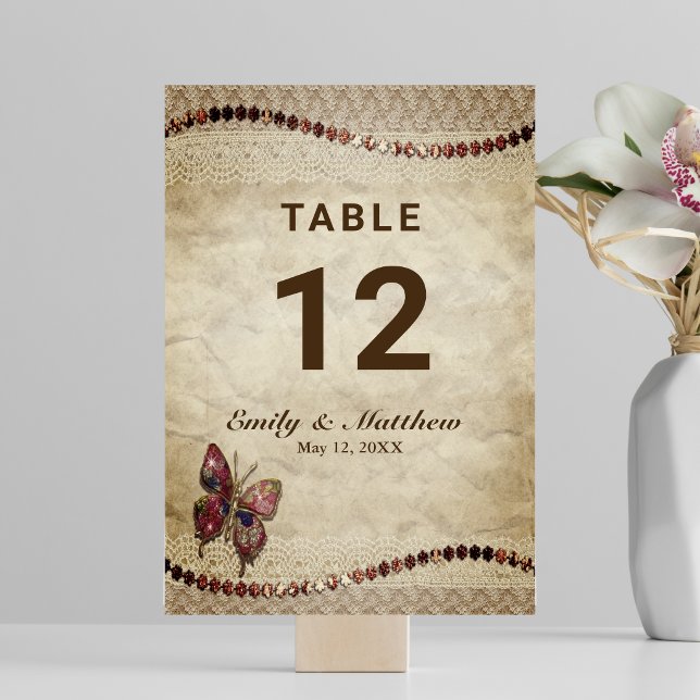 Antik Pergament, Spets, Pärlor, Fjärilsbröllop Bordsnummer (Antique Parchment, Lace, Beads, Butterfly Wedding Table Number)