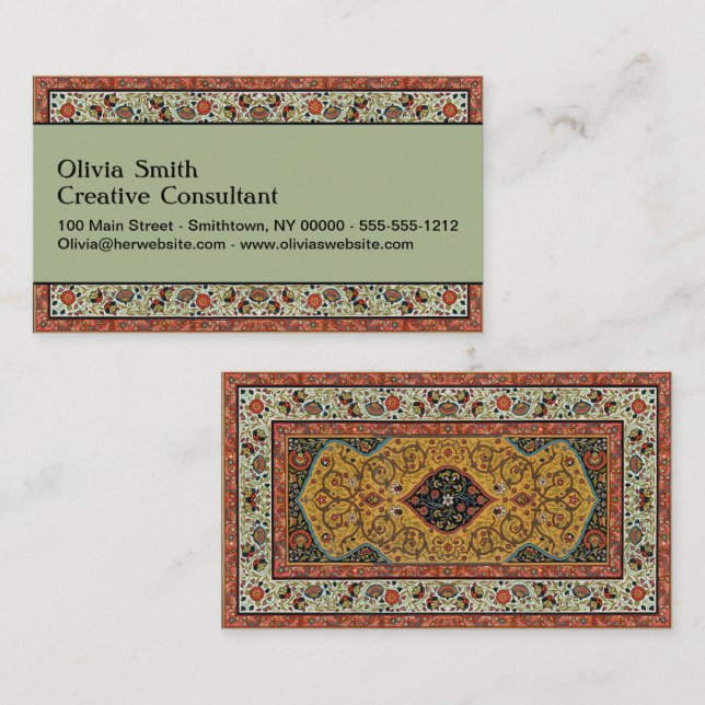 Antik persisk rik matta elegant mattan carpet visitkort (Fram/baksida)