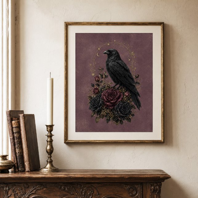 Antik Plommon Viktoriansk Gotisk Korp Blommig  Poster (Antique Plum Victorian Gothic Raven Floral Poster)