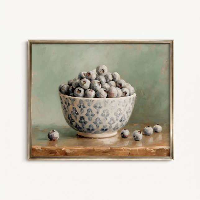 Antik plommonblå fruktfatposter poster (Blueberry Fruit Bowl Wall Art Poster - close-up view (frame/decor not included))