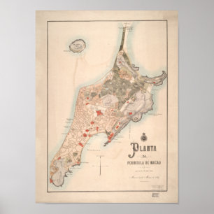 Antik portugisisk karta av Macao 1889 Poster